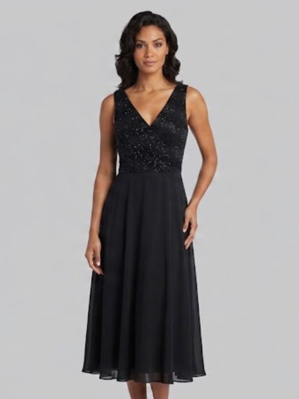 R&M Richards Black Beaded V-Neck Midi Dress size 14